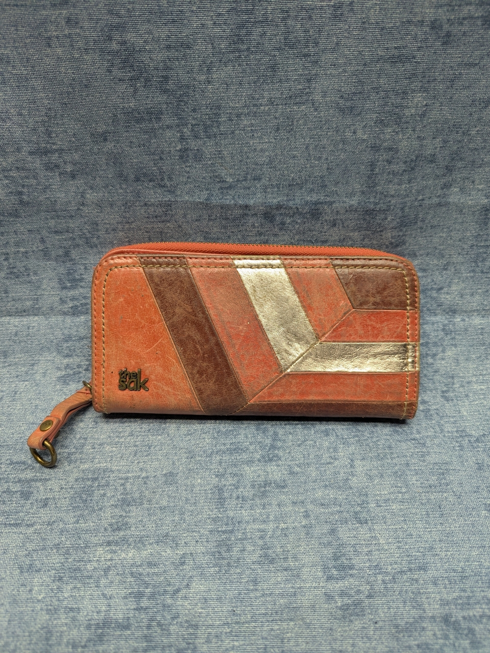 Vintage The Sak Leather Patchwork Zip Wallet Chevron Boho 70s Retro Warm Stripe
